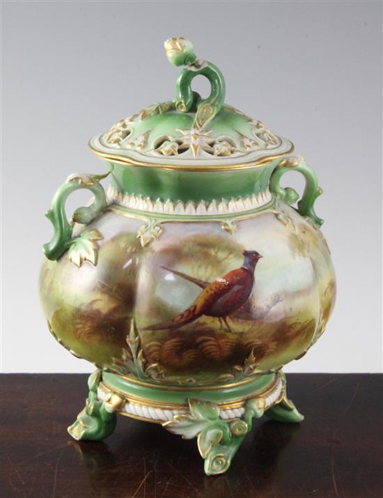 A Royal Worcester pheasant painted pot pourri vase and cover, c.1905, height 19cm (7.5in), damaged to finial